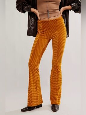 Free People Penny Pull On Velvet Flared Pants Size XS Bronzer Gold Retro Boho
